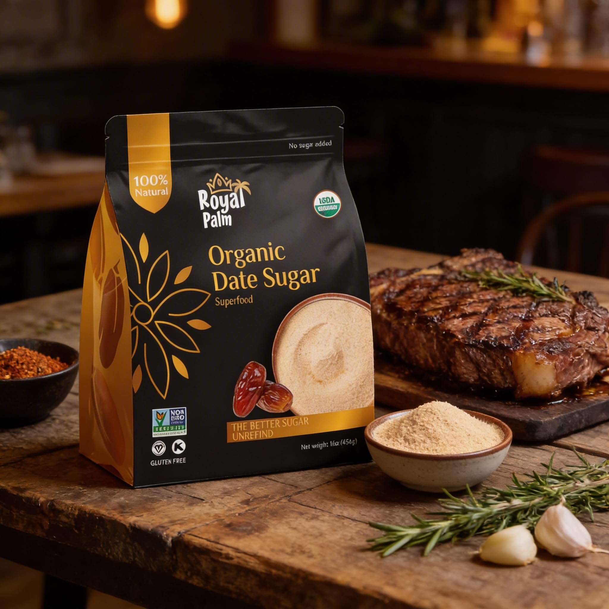 Royal Palm Date Sugar caramel pour illustrates quick sweetening in recipes.