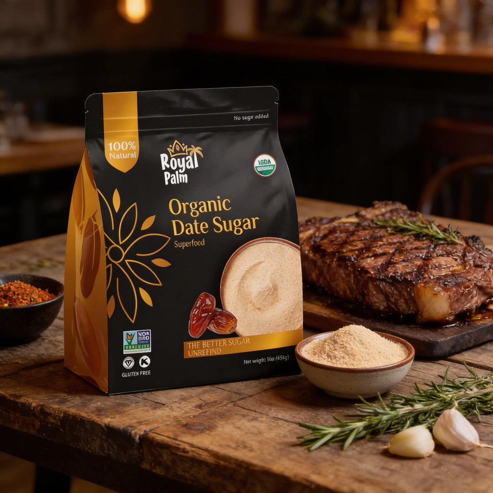 Royal Palm Date Sugar caramel pour illustrates quick sweetening in recipes.