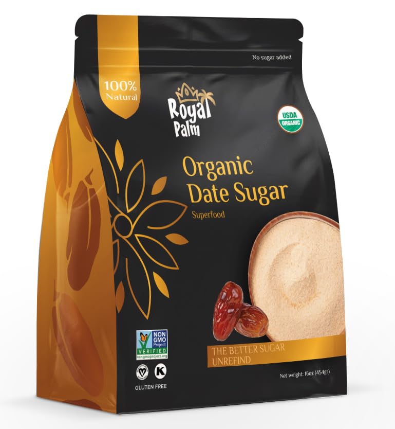 Royal Palm Date Sugar pack shot highlighting organic, versatile sweetener for baking.