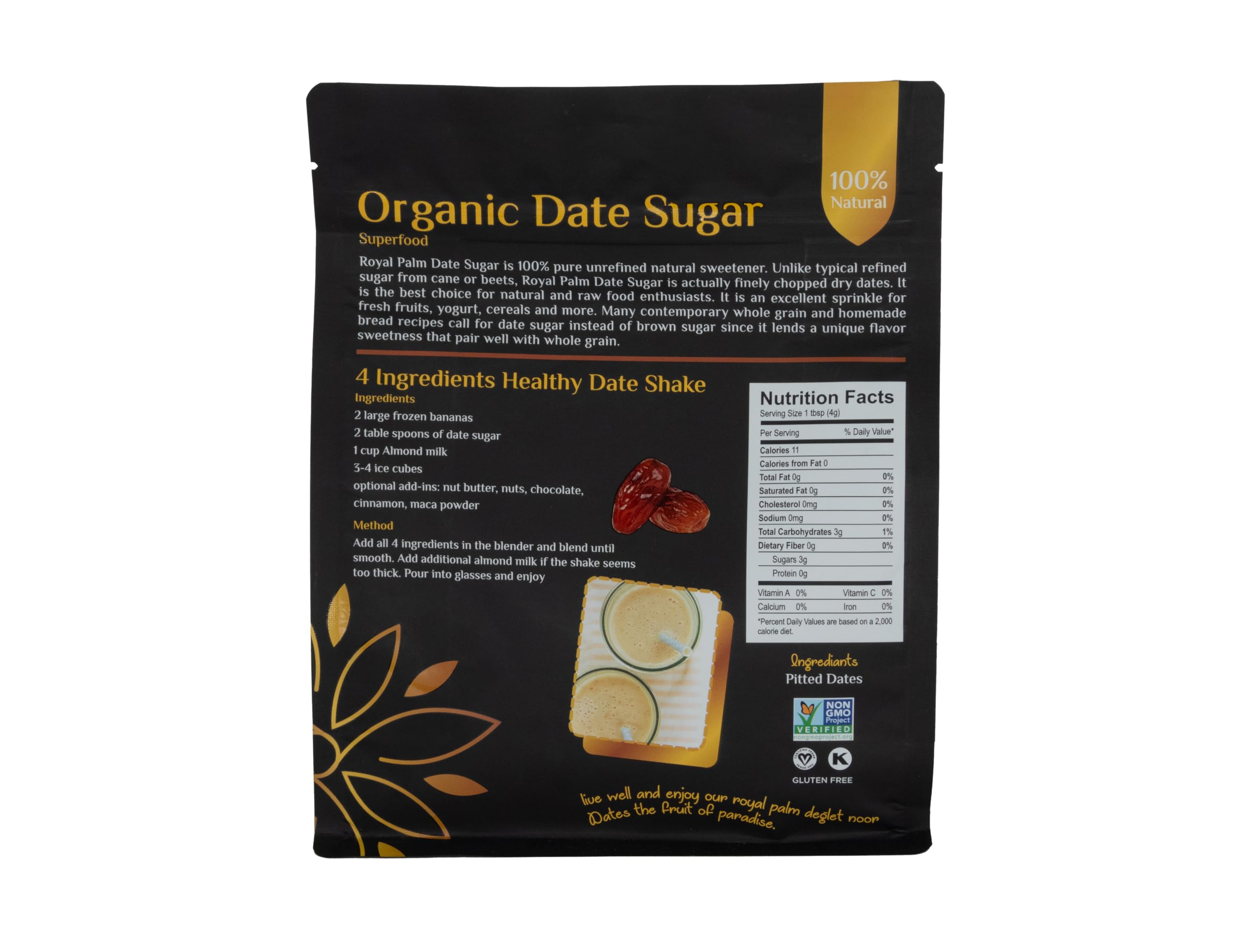 Royal Palm Date Sugar pantry shot emphasizes convenient 16 oz pack.