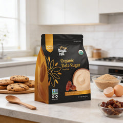 Royal Palm Date Sugar scoop reveals caramel color ideal for cookies and smoothies.
