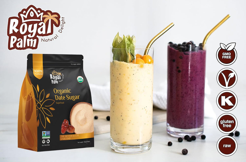 Royal Palm Date Sugar smoothie bowl shows healthy sweetening option.