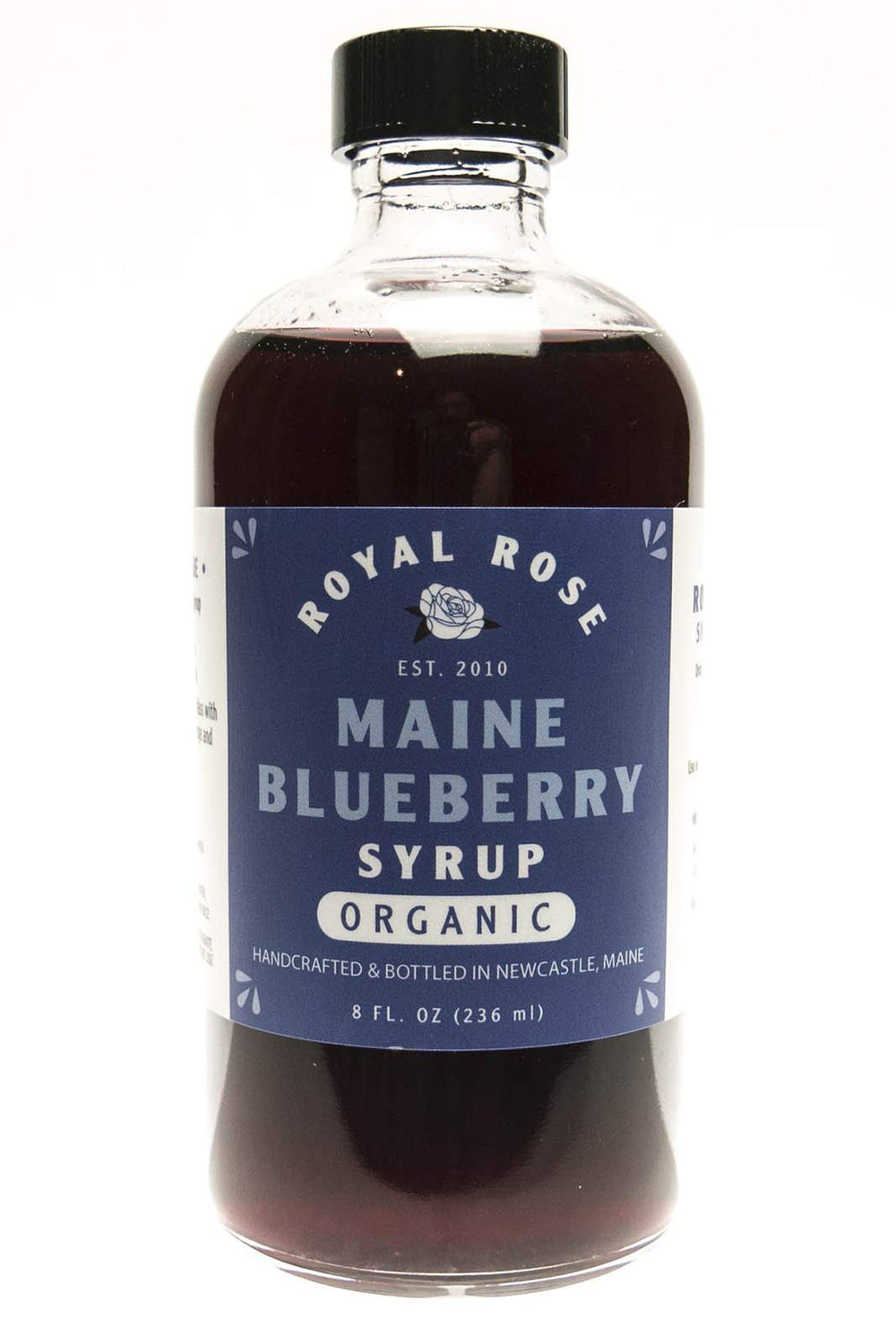 Royal Rose Wild Maine Blueberry Syrup bottle for pancakes, desserts, and beverages.