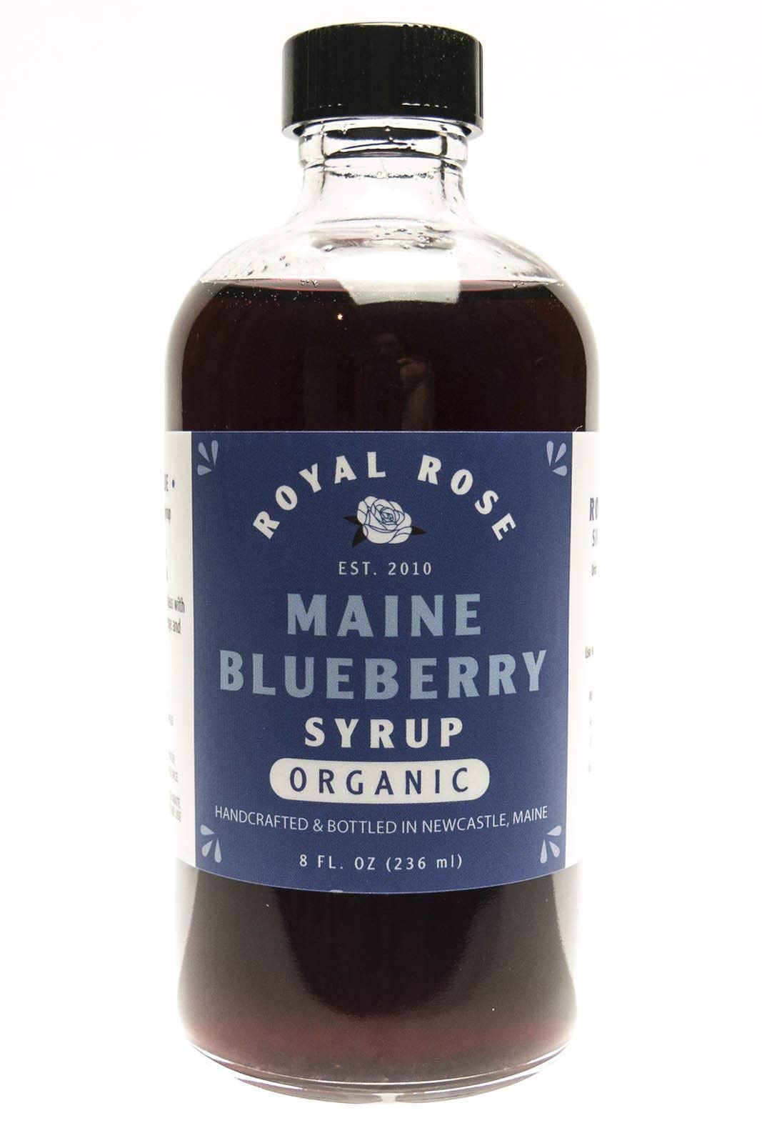 Royal Rose Wild Maine Blueberry Syrup bottle for pancakes, desserts, and beverages.