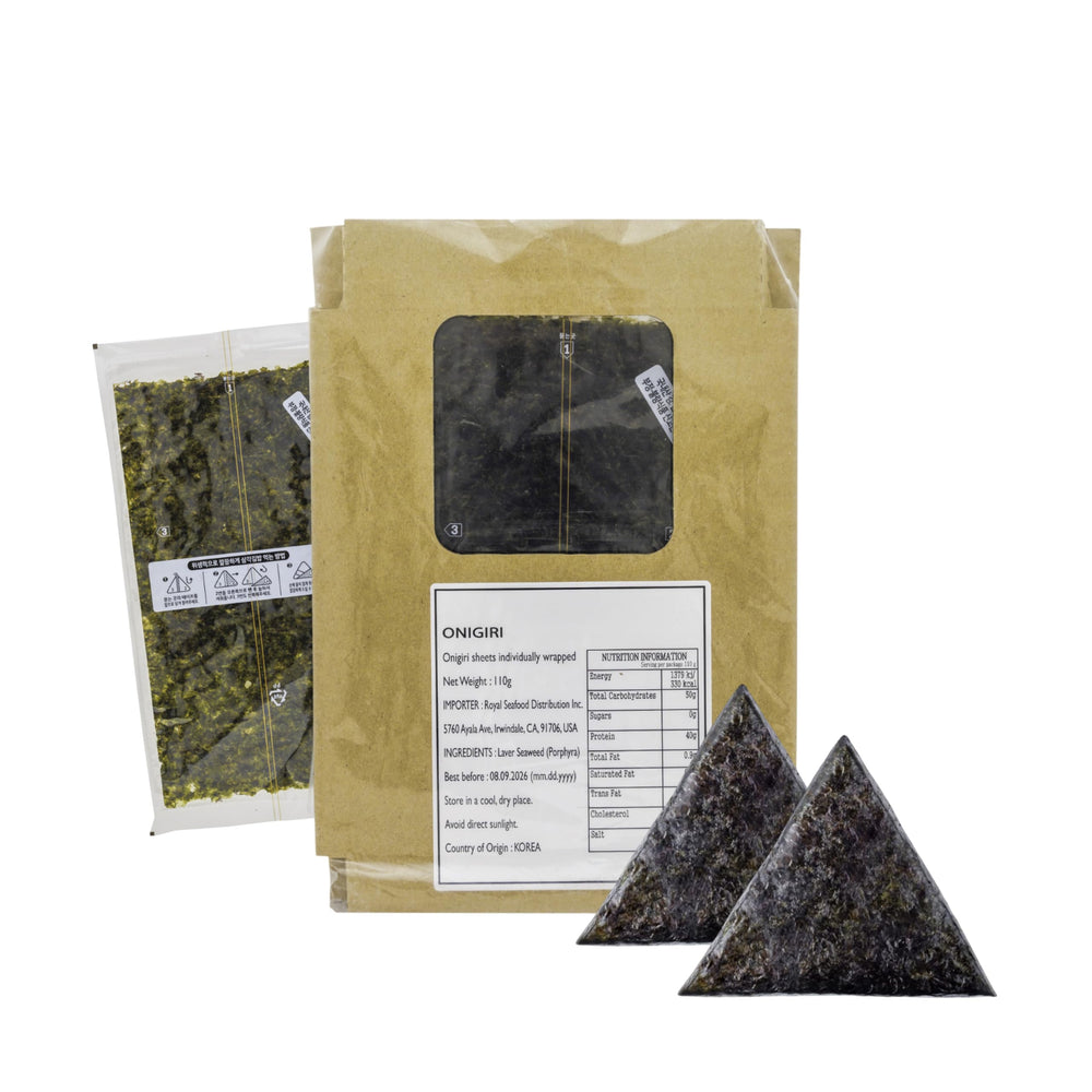 Royal Seafood Distribution onigiri seaweed sheets in full-size pack for sushi prep.
