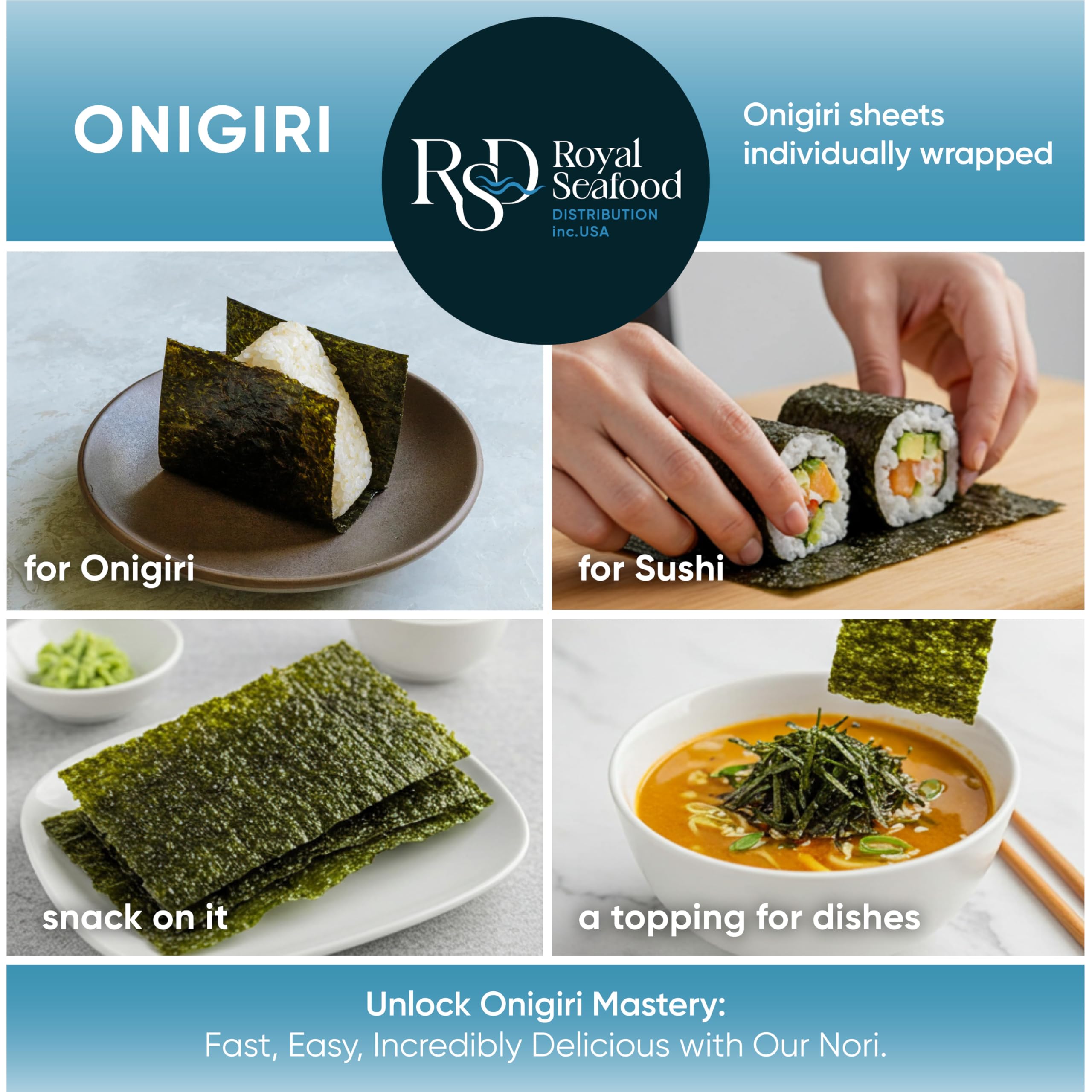 Royal Seafood Distribution preserved crisp nori in each sheet for long-lasting freshness.