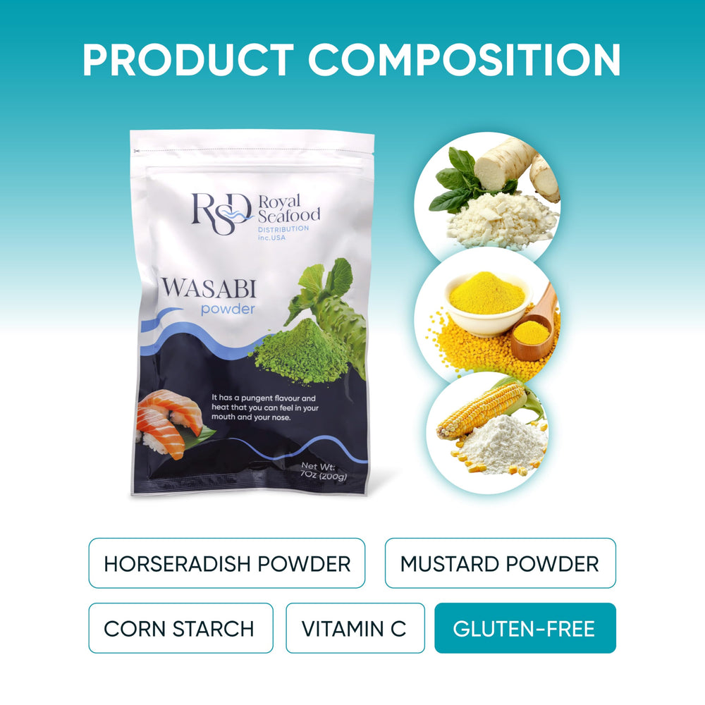 Royal Seafood Wasabi Powder being used as a marinade for toppings.