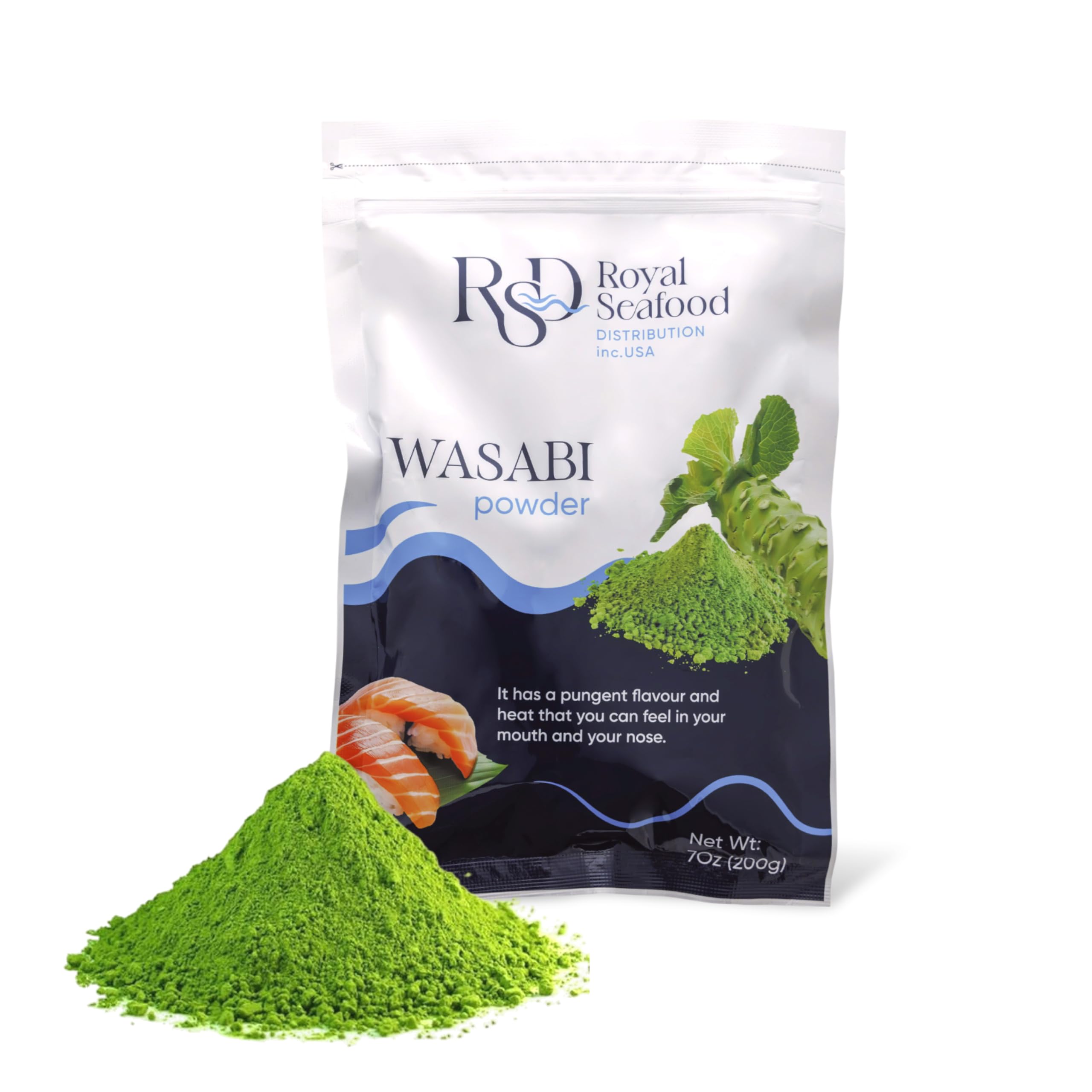 Royal Seafood Distribution wasabi powder pouch on kitchen counter for easy sushi prep.