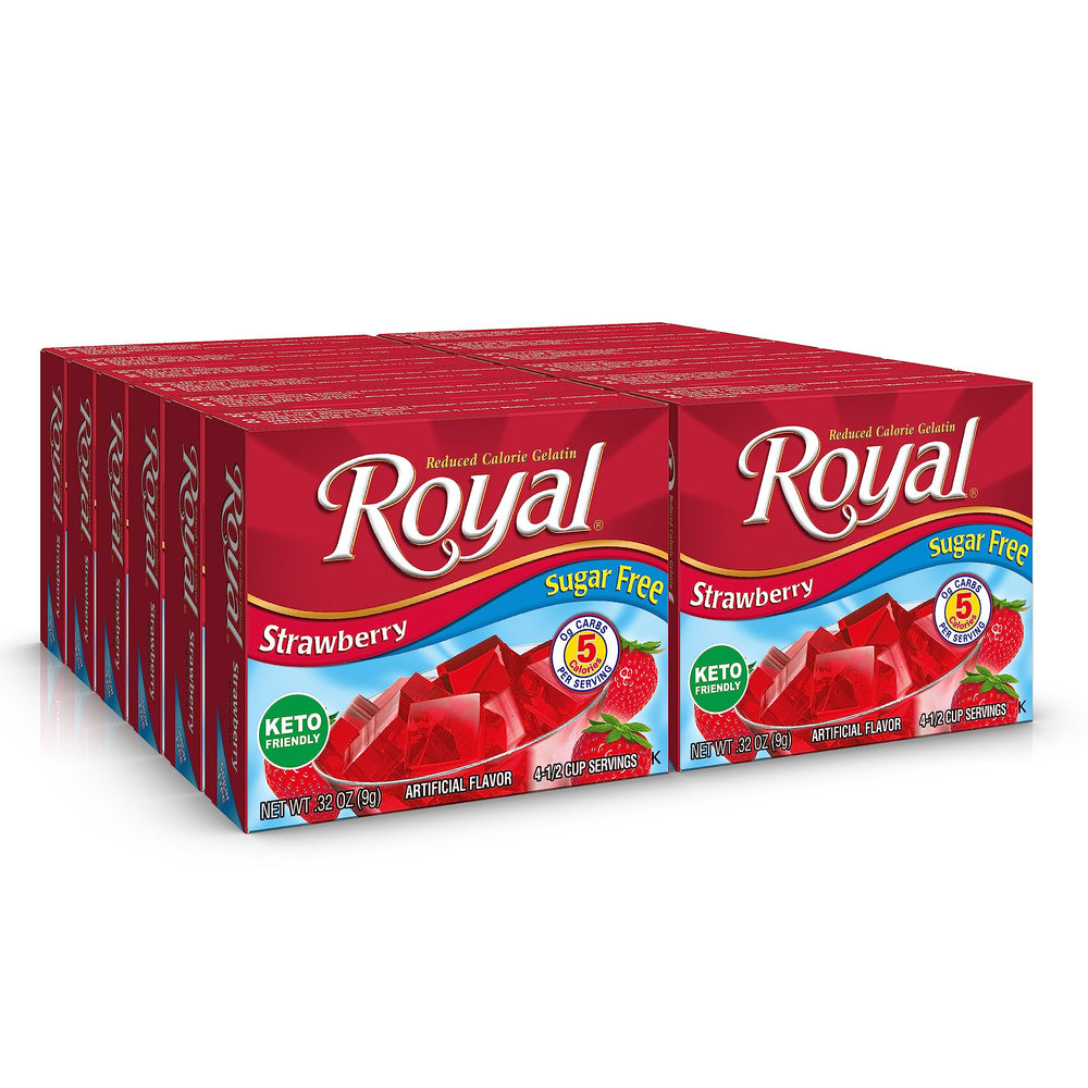 Royal Strawberry Gelatin Dessert Mix box front highlighting sugar-free option.