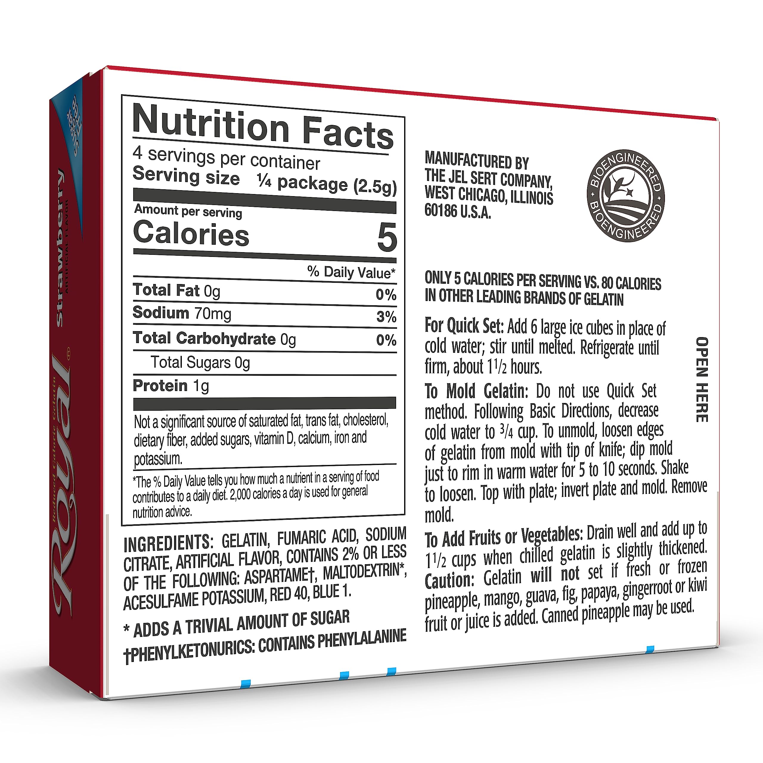 Royal Strawberry Gelatin Dessert Mix box open revealing packed servings.