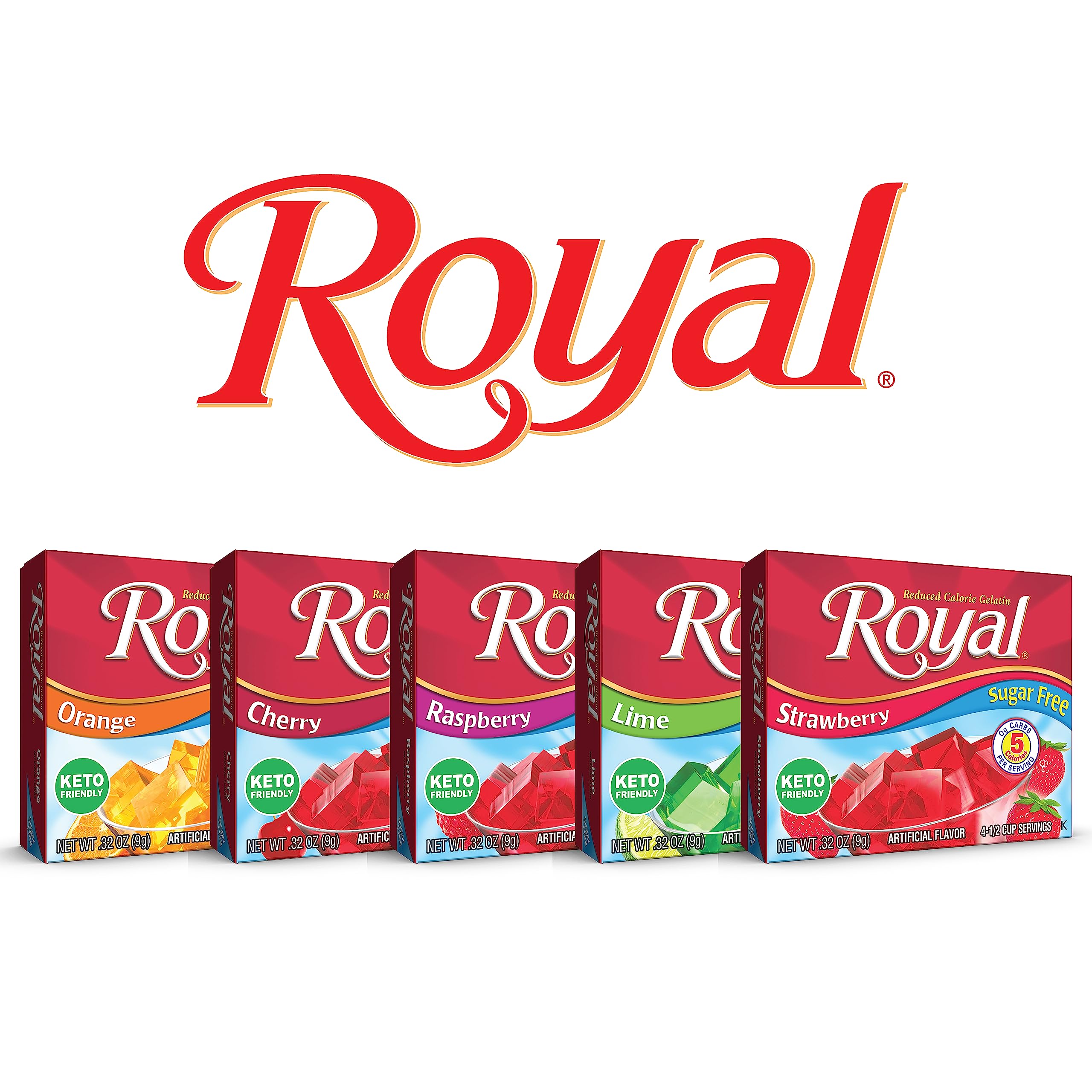 Royal Gelatin label with nutrition info emphasizes sugar-free and carb-free benefits.
