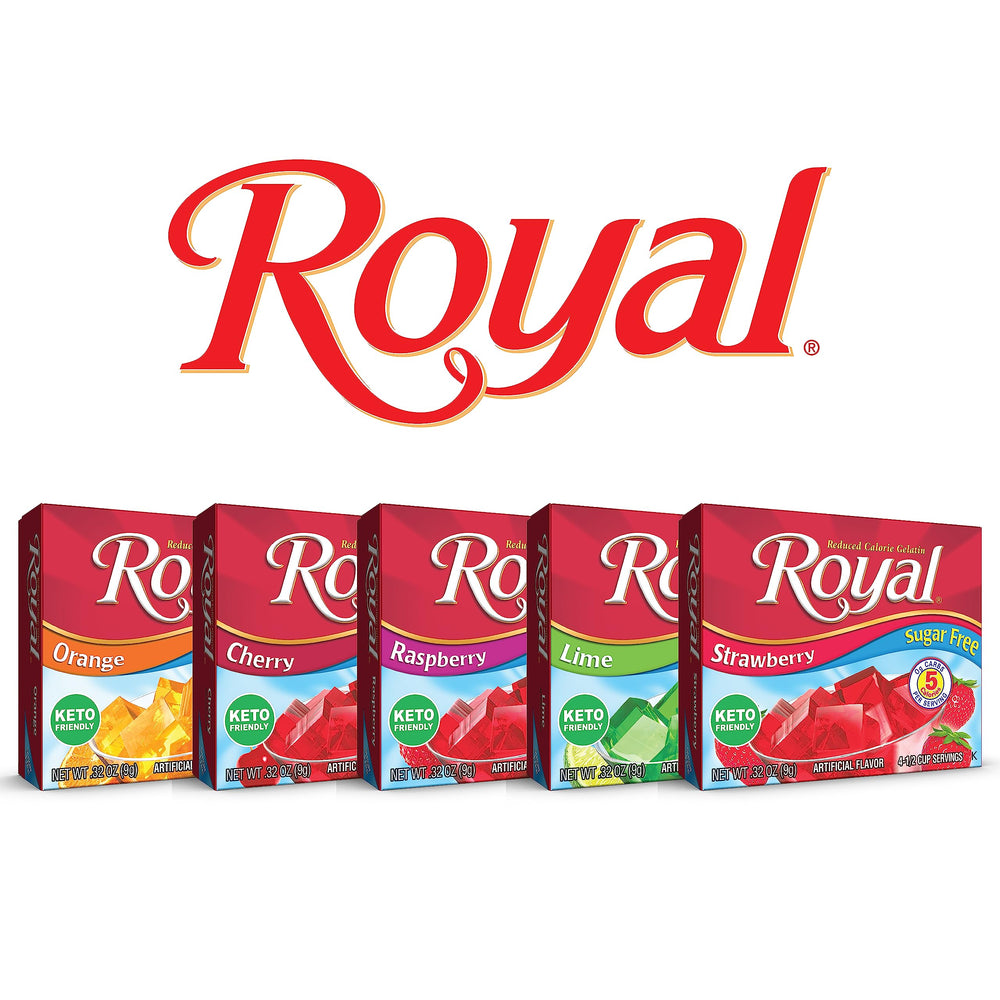 Royal Gelatin label with nutrition info emphasizes sugar-free and carb-free benefits.
