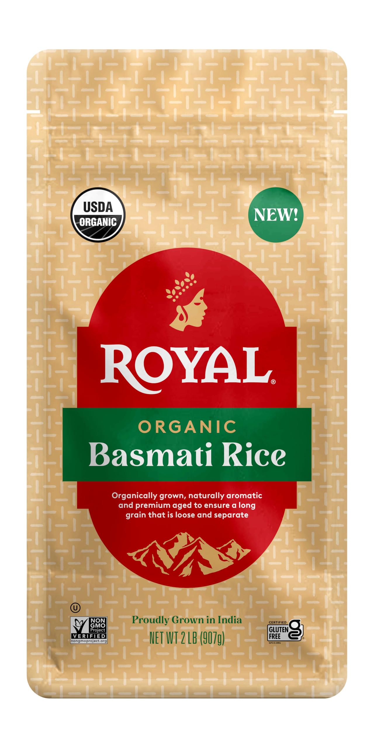Royal White Basmati Rice pack shot; long grains for fluffy, non-sticky meals.