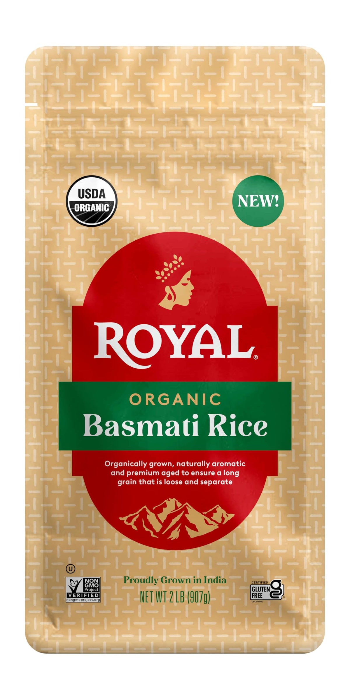 Royal White Basmati Rice pack shot; long grains for fluffy, non-sticky meals.