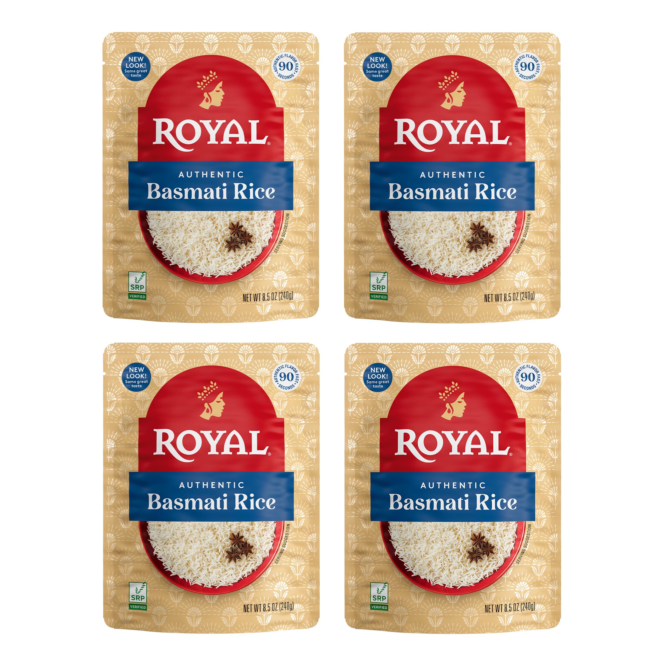 Royal White Basmati Rice ready-to-heat pouch four-pack delivers quick, fluffy meals.