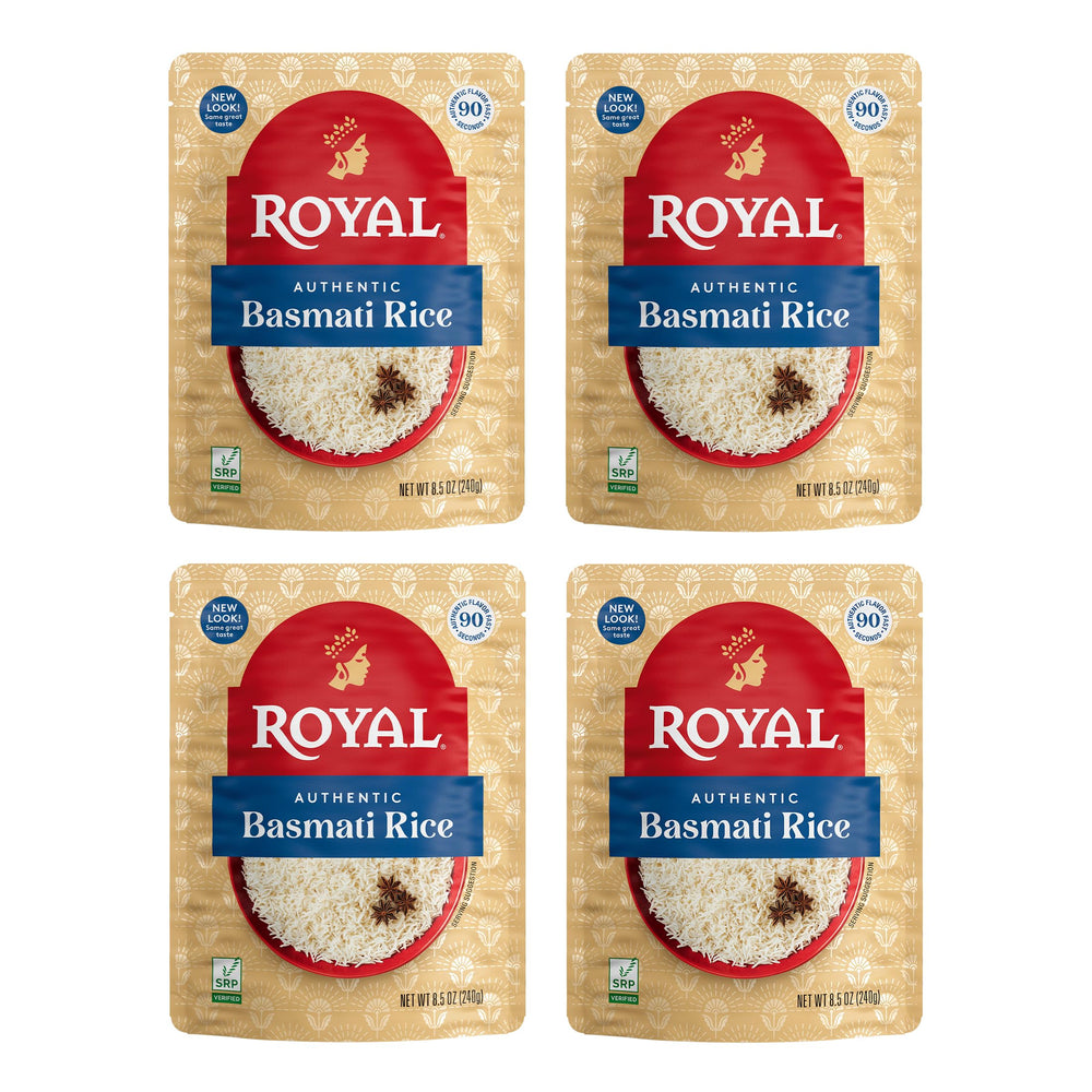 Royal White Basmati Rice ready-to-heat pouch four-pack delivers quick, fluffy meals.