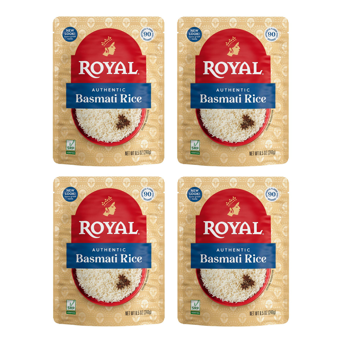 Royal White Basmati Rice ready-to-heat pouch four-pack delivers quick, fluffy meals.