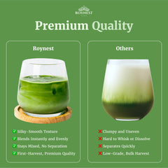 Roynest matcha powder closeup texture highlights vibrant green and quality for premium sips