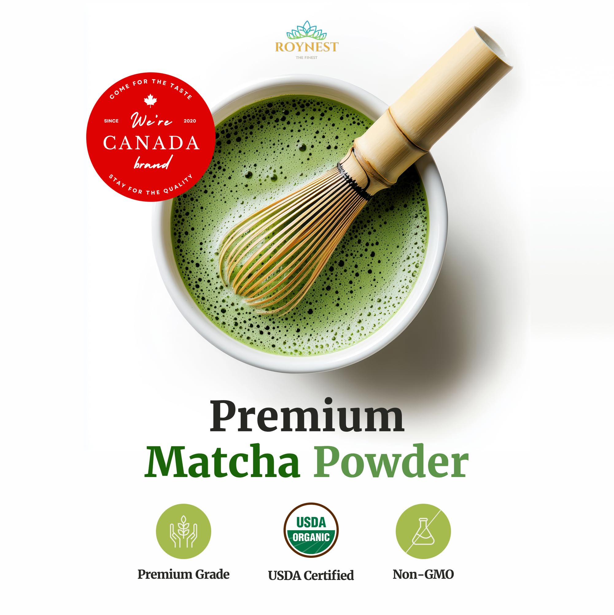 Roynest organic certification label signals clean additive-free matcha for everyday recipes