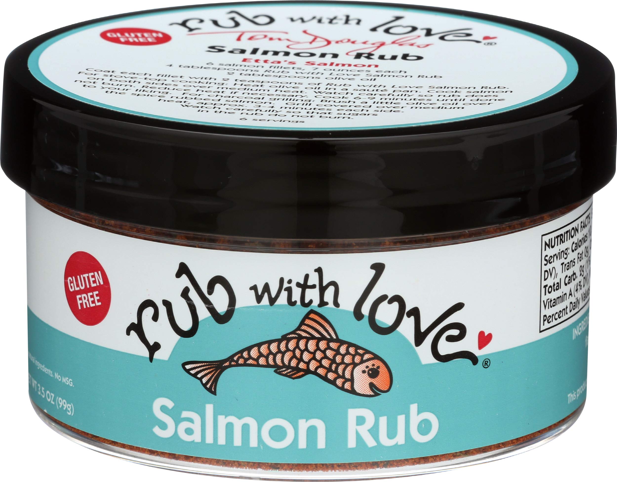 Rub with Love salmon rub bottle highlights smoky salmon flavor.