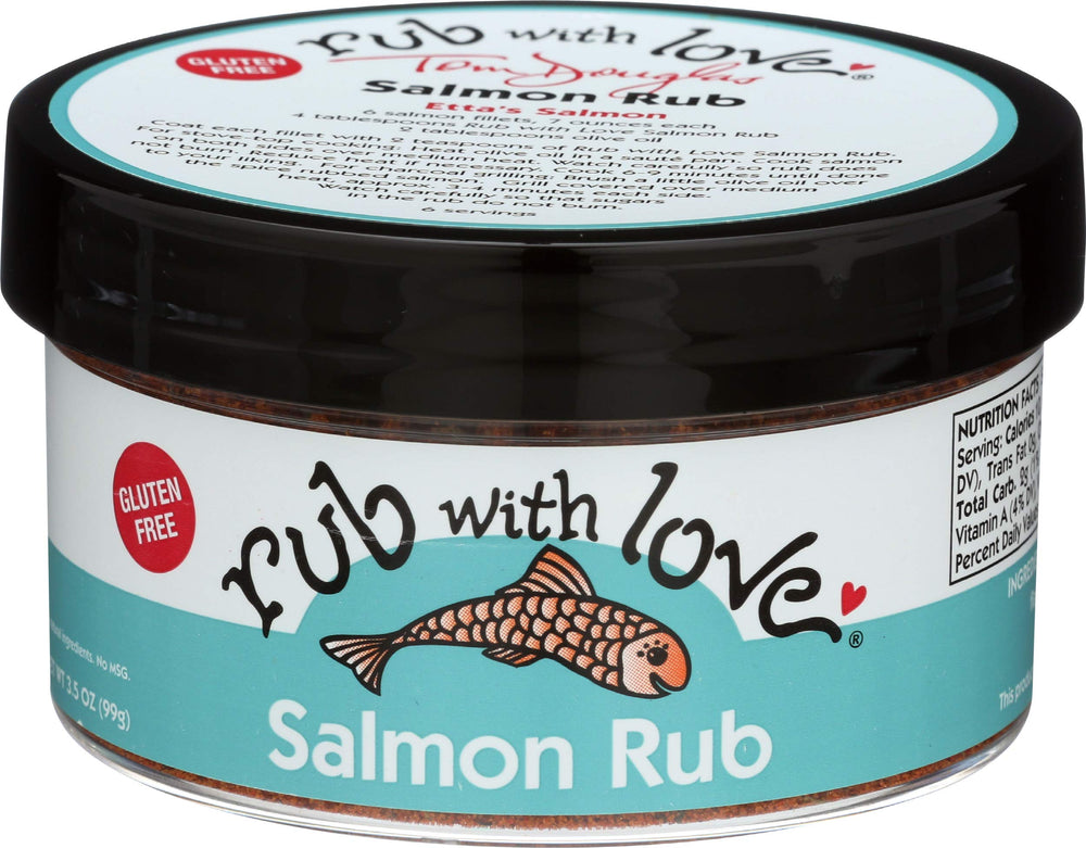 Rub with Love salmon rub bottle highlights smoky salmon flavor.