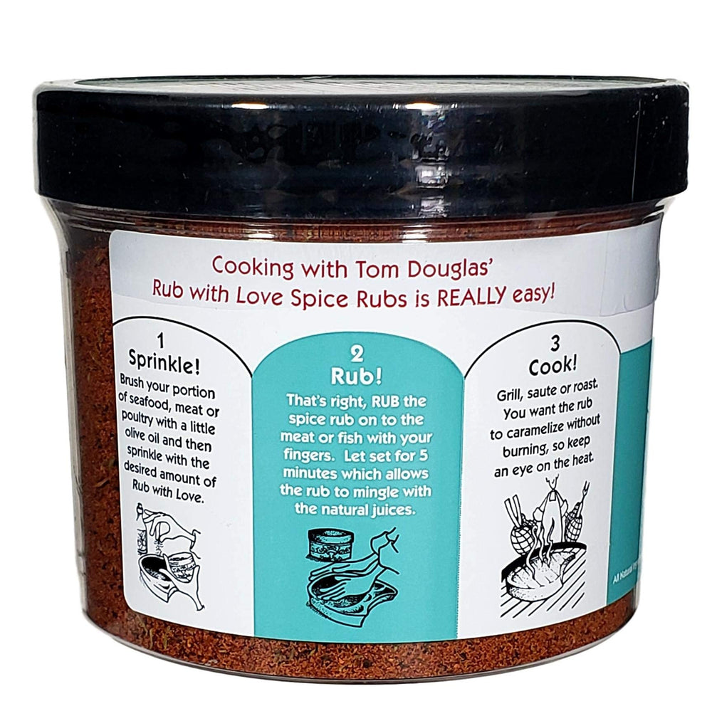 Rub with Love salmon rub on grill pan adds smoky notes.