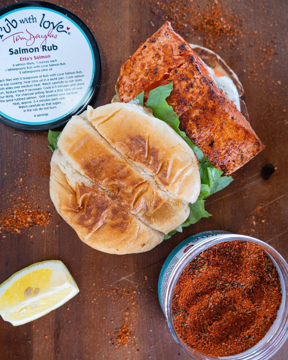 Rub with Love salmon rub packaging highlights all-natural ingredients.