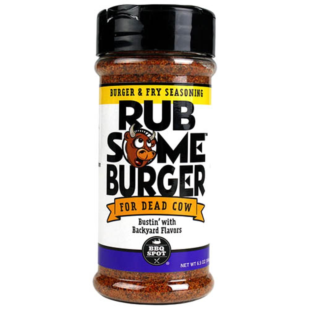 Rub Your Burger burger seasoning bottle ready for backyard grilling and bold flavor