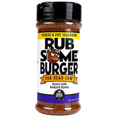 Rub Your Burger burger seasoning bottle ready for backyard grilling and bold flavor