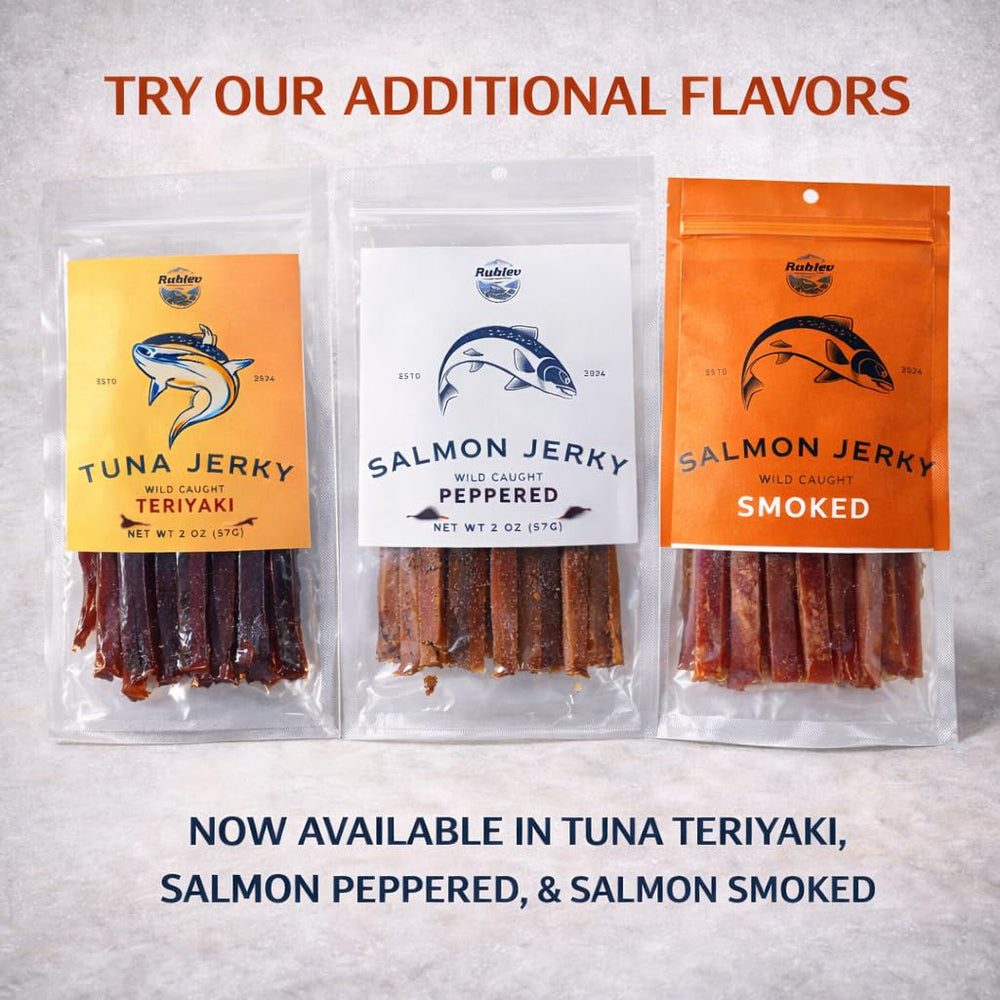 Rublev Salmon Jerky on-the-go pack for travel-friendly snack.