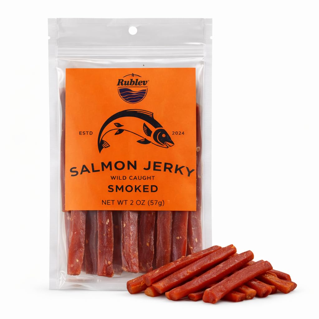 Rublev Salmon Jerky smoked packaging highlighting premium wild-caught salmon for on-the-go snacking.