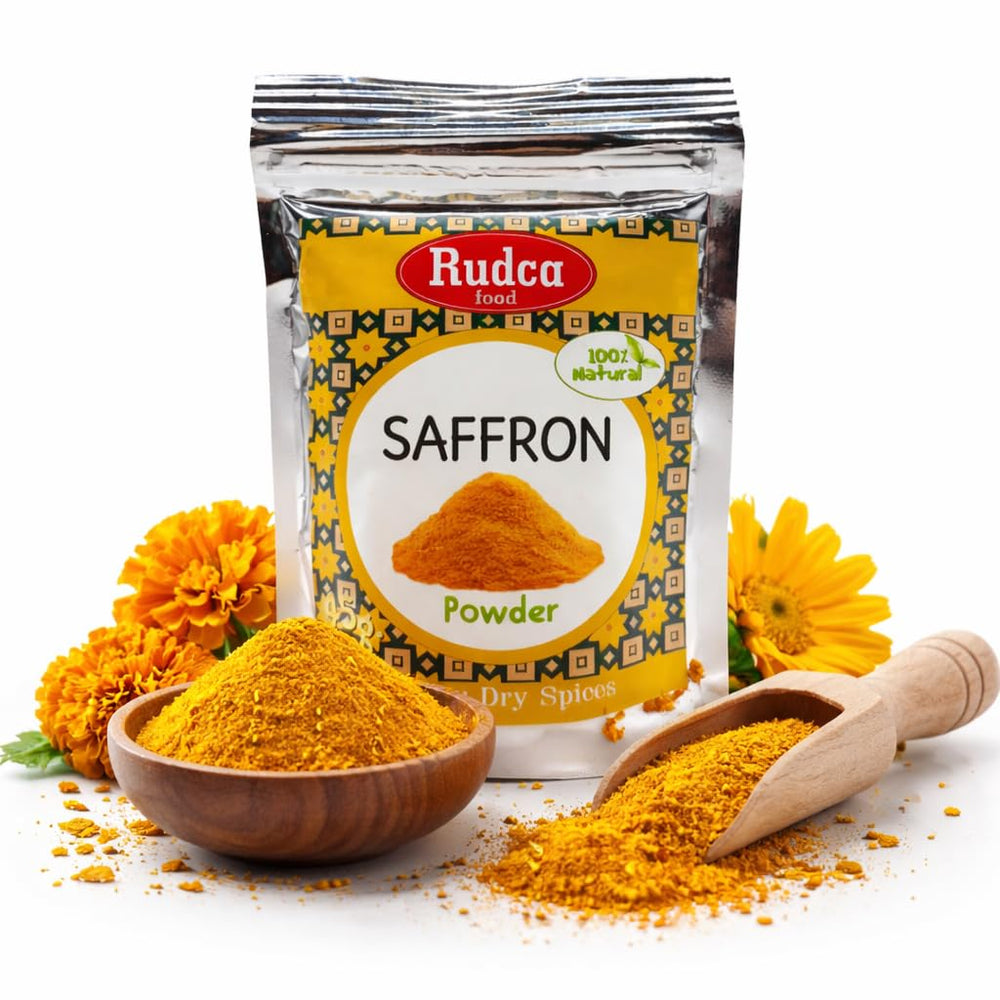 Rudca Food saffron powder jar closeup highlights purity for authentic flavor