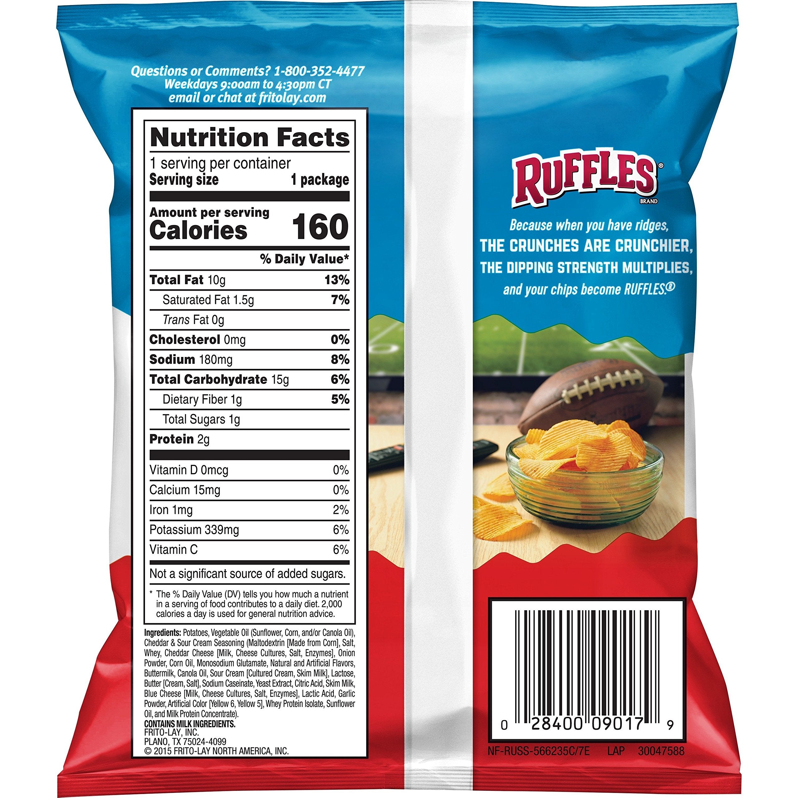 Ruffles Cheddar Sour Cream bag displays the 40-count pack.