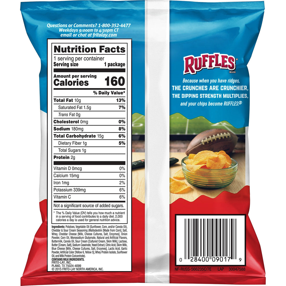 Ruffles Cheddar Sour Cream bag displays the 40-count pack.