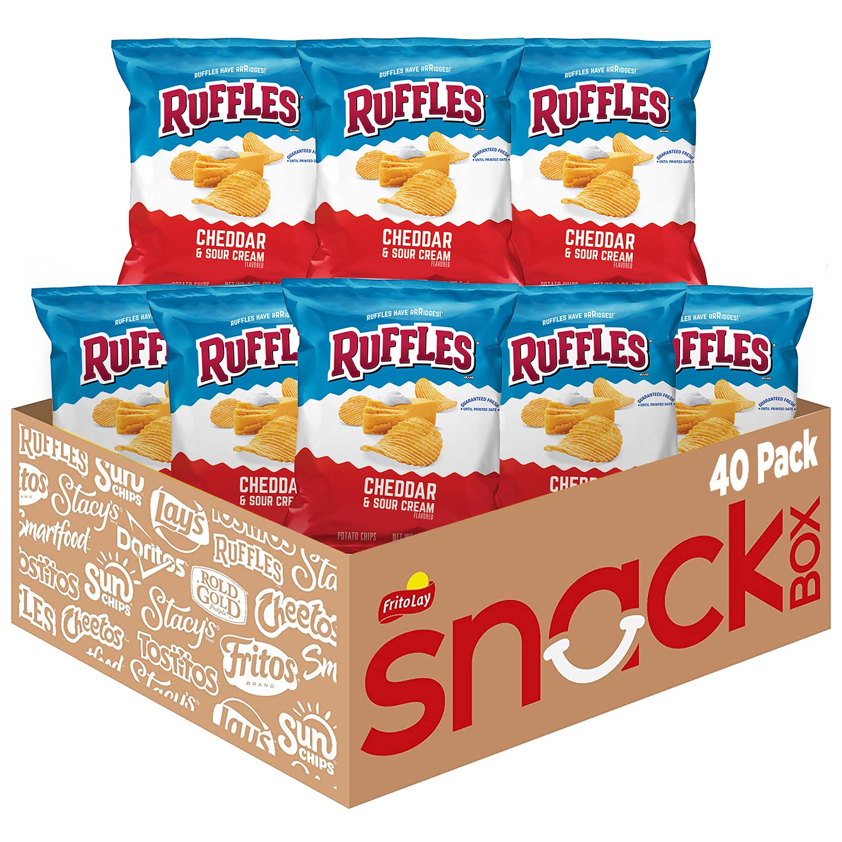 Ruffles Cheddar Sour Cream chip closeup with ridged texture for sturdy dipping.