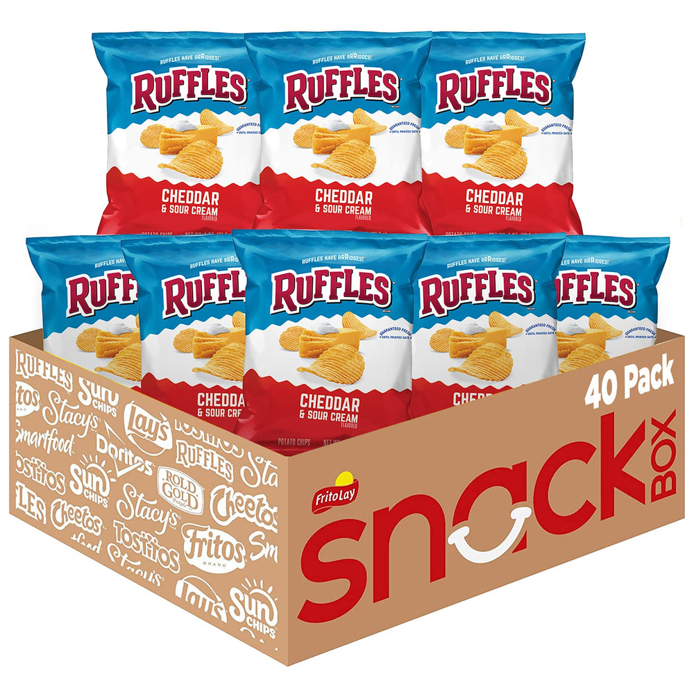 Ruffles Cheddar Sour Cream chip closeup with ridged texture for sturdy dipping.