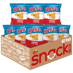 Ruffles Cheddar Sour Cream chip closeup with ridged texture for sturdy dipping.