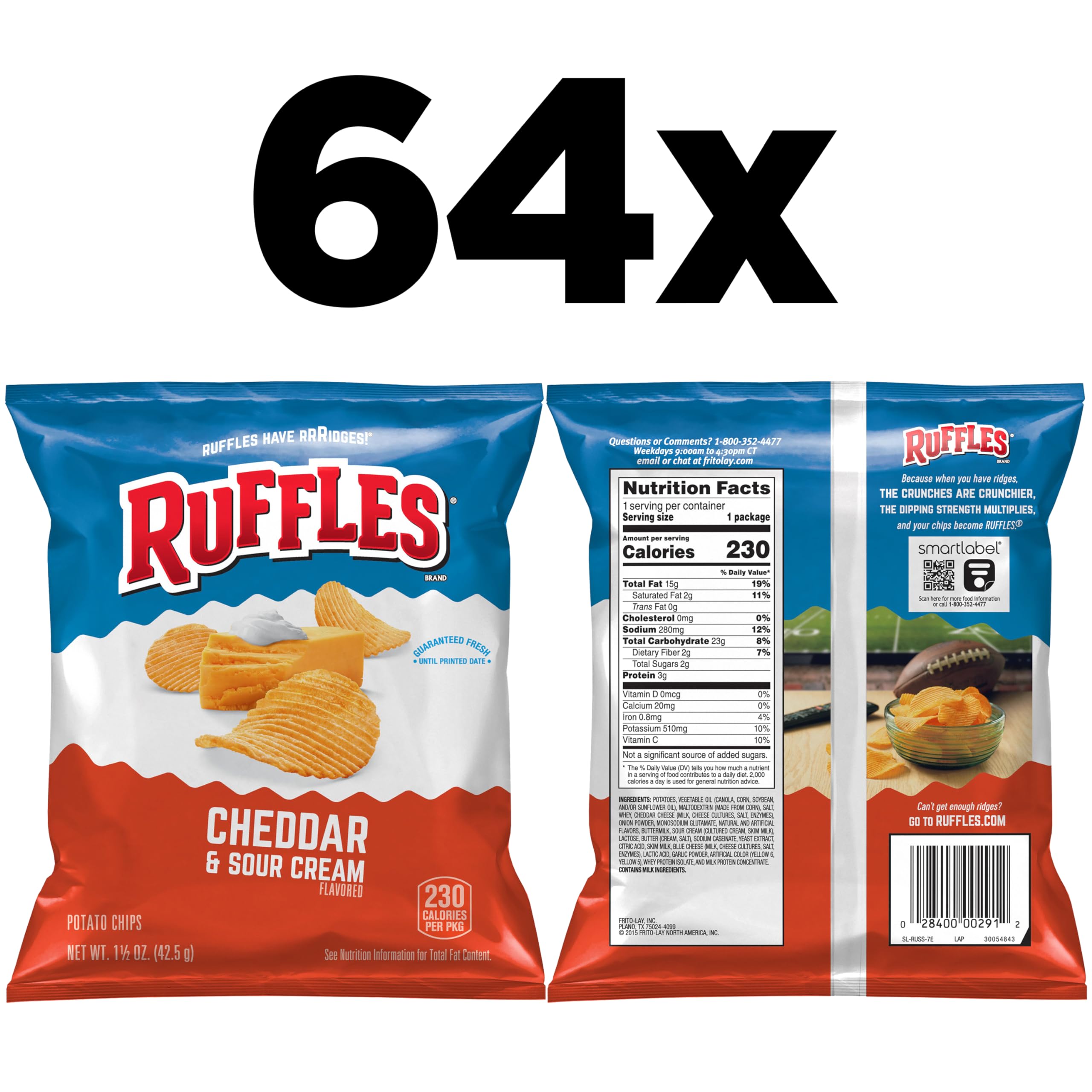 Ruffles Cheddar & Sour Cream close-up showing chunky ridges and cheesy flavor.