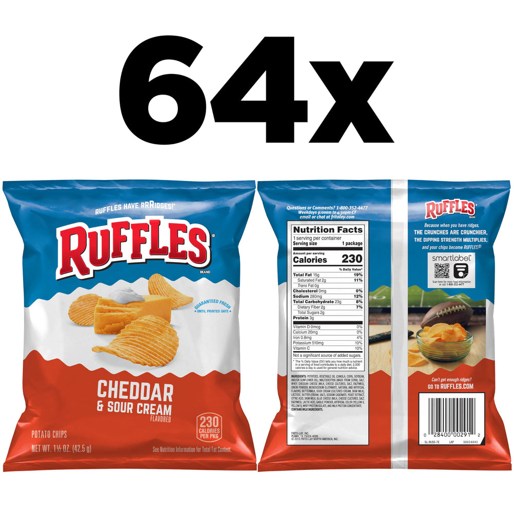 Ruffles Cheddar & Sour Cream close-up showing chunky ridges and cheesy flavor.