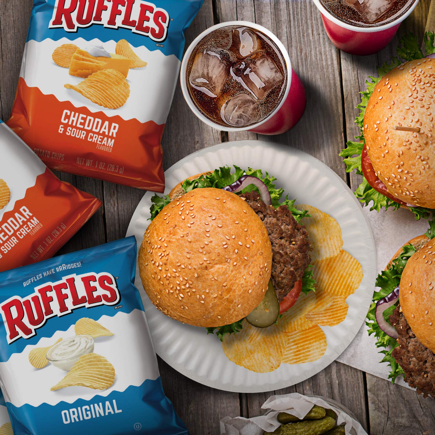 Ruffles Cheddar & Sour Cream packaging display highlighting 64-pack convenience.