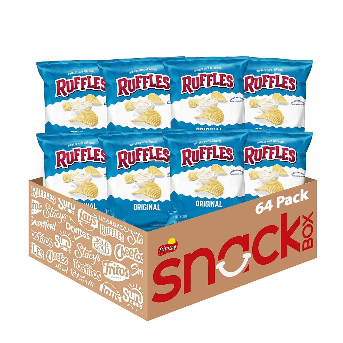 Ruffles Original potato chips bag showing bold ridges ready for dipping.