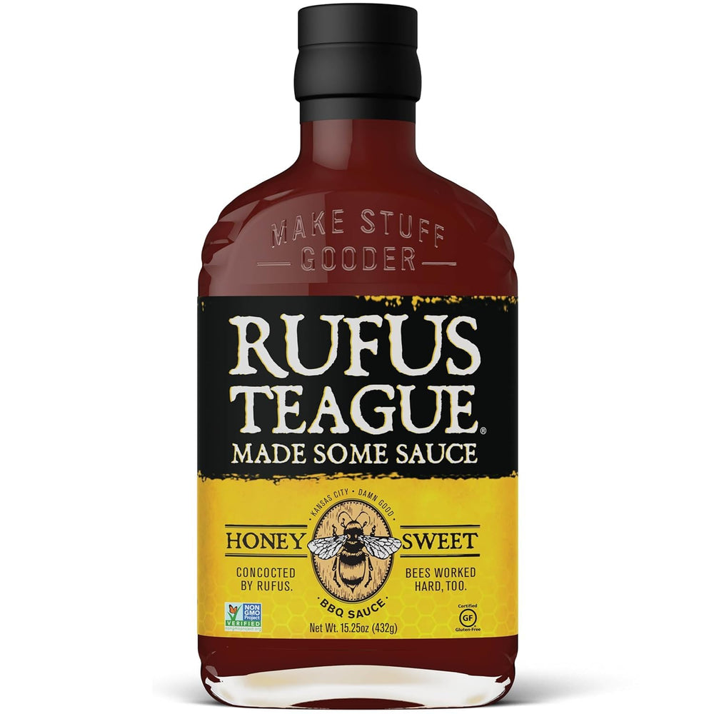 Rufus Teague Honey Sweet bottle with label, ideal for grilling glaze.