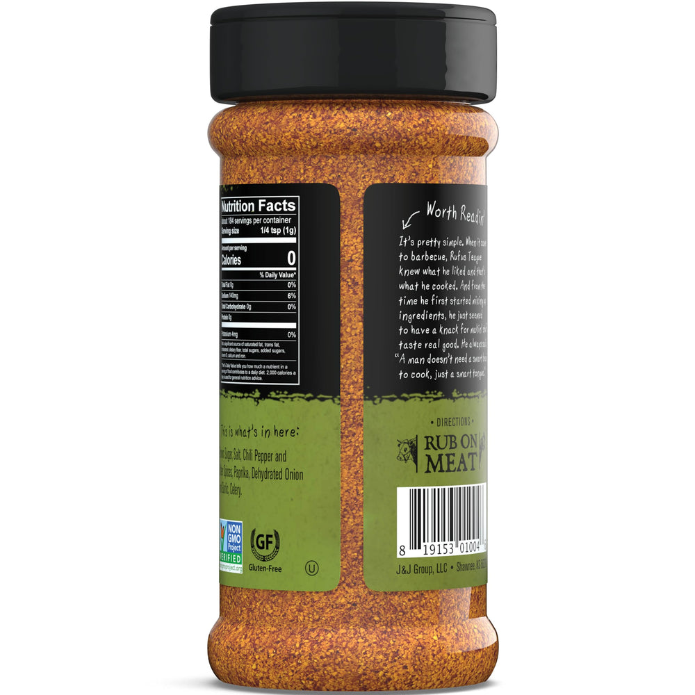 Rufus Teague Meat Rub bottle label highlights gluten-free and non-GMO features.