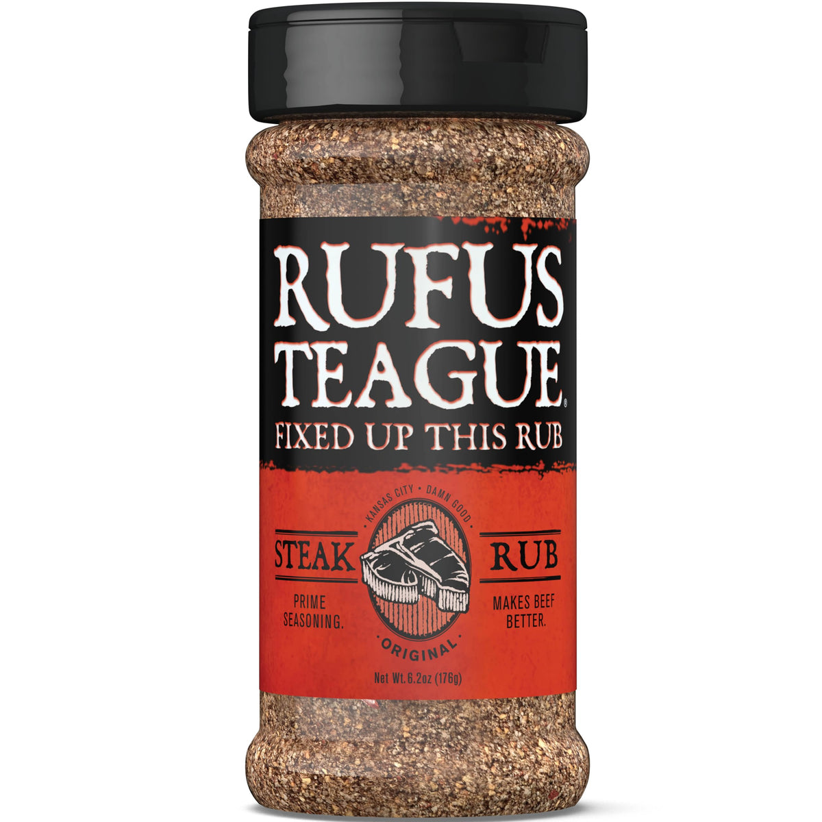 Rufus Teague steak rub bottle front highlights premium flavor for beef