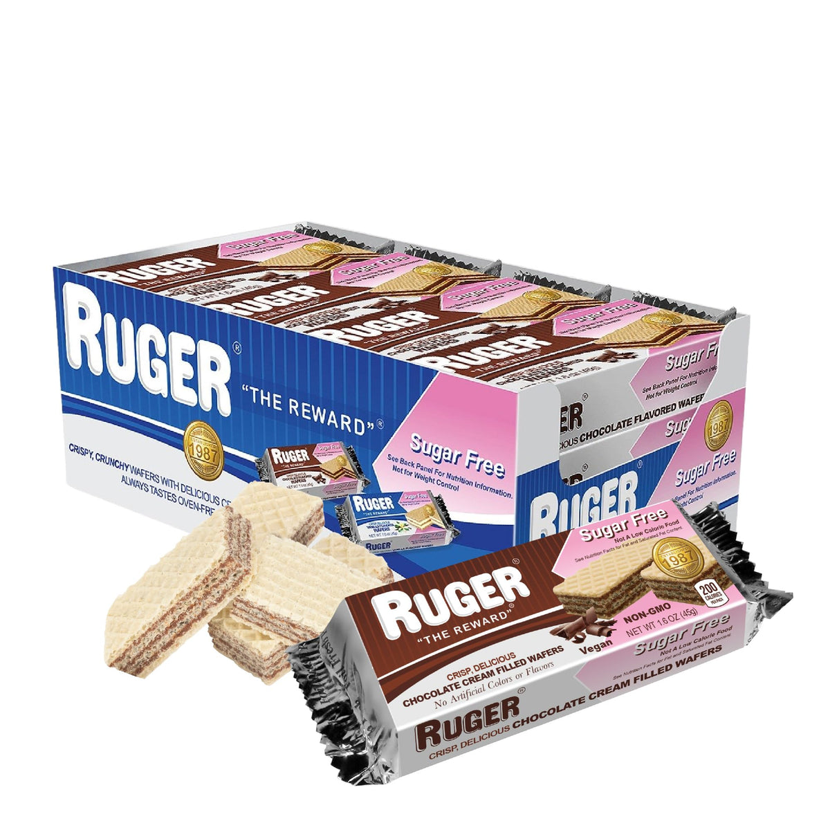 RUGER Sugar-Free Chocolate Wafers pack on display for weddings and events.