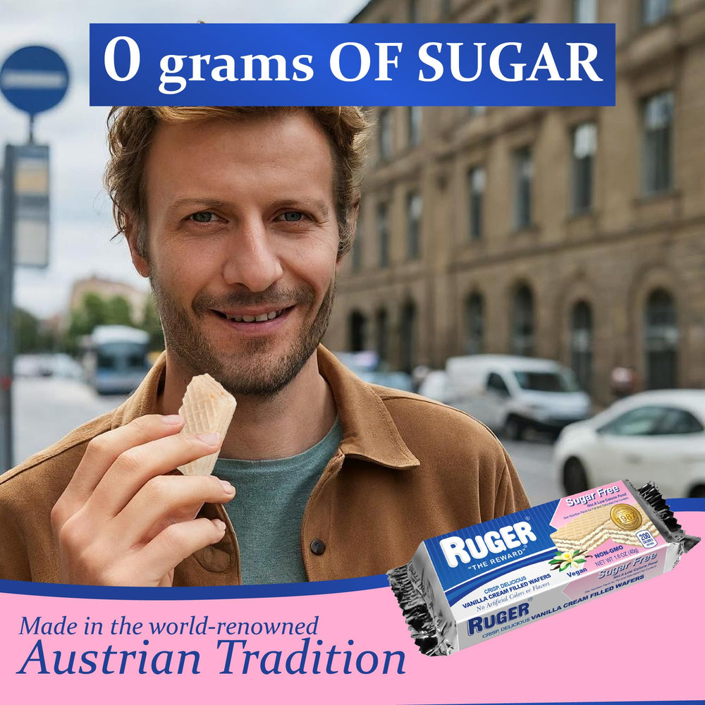 RUGER Sugar-Free Vanilla Wafers portion pack ready for on-the-go snacking.