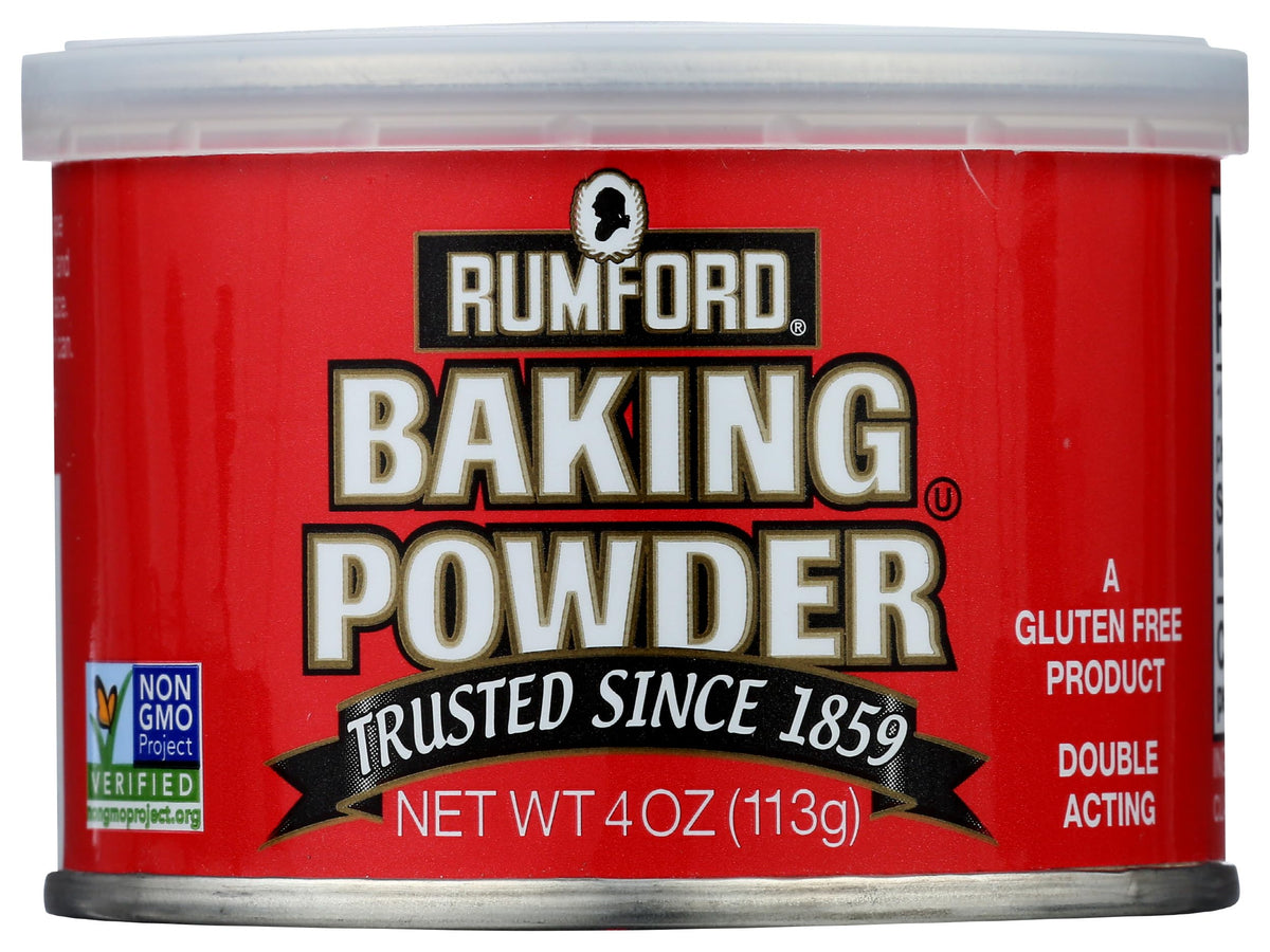 Rumford double-acting baking powder 4oz can for reliable rise in baking.