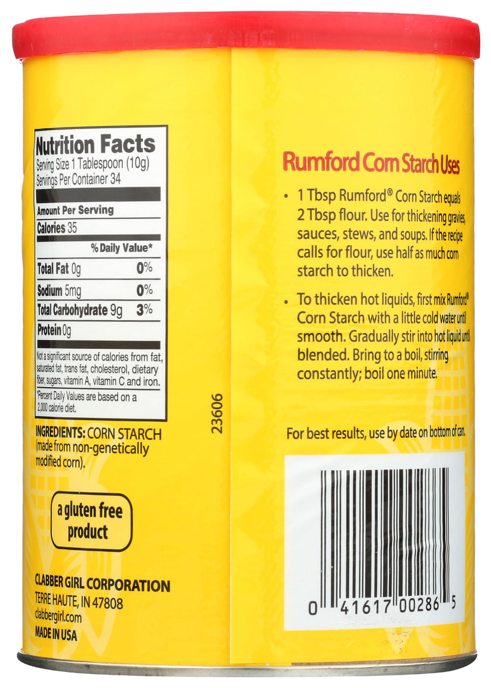 Rumford corn starch container showing leveling edge for precise measure