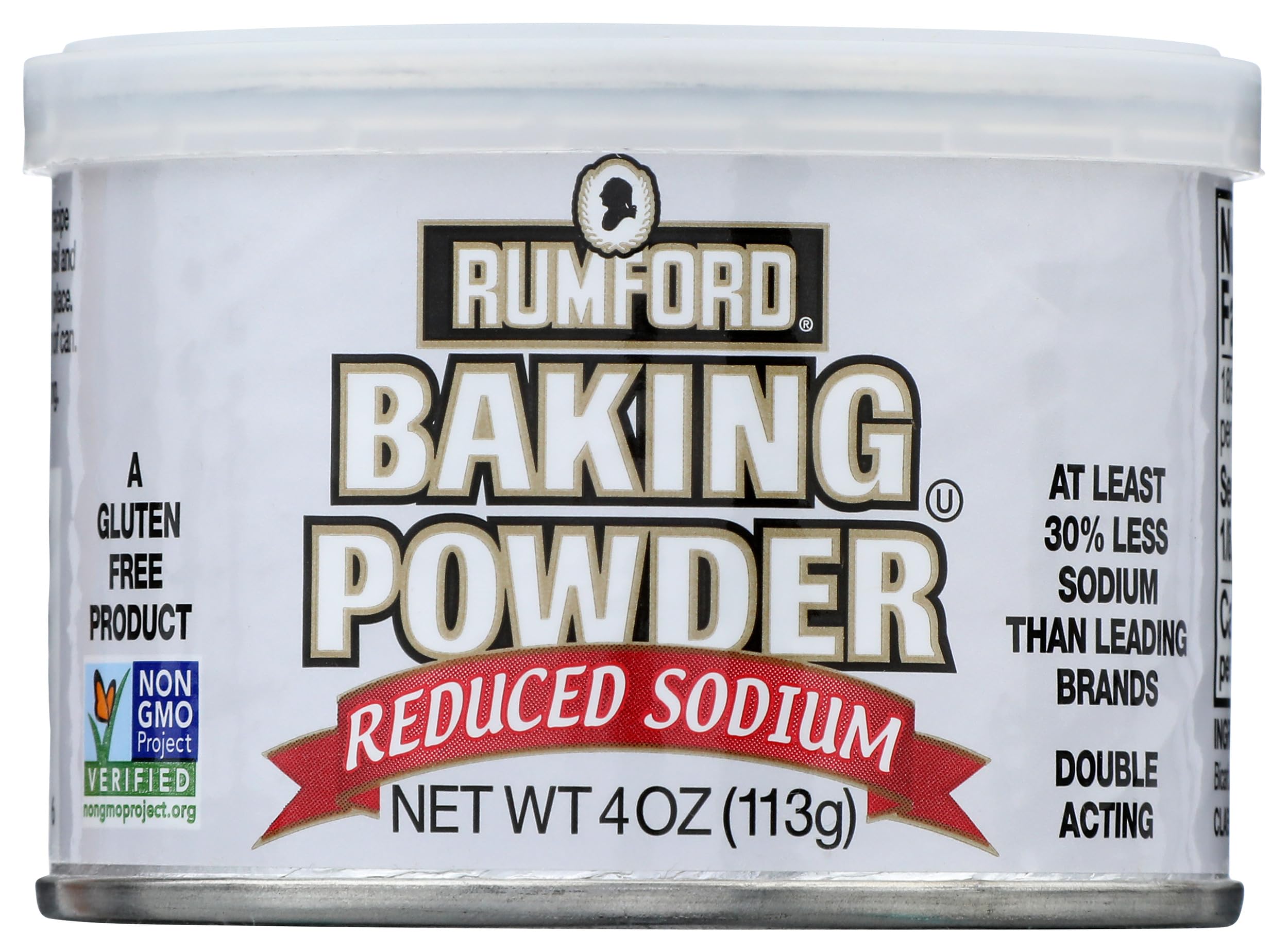 Rumford reduced-sodium baking powder can top for easy measuring and consistent lift