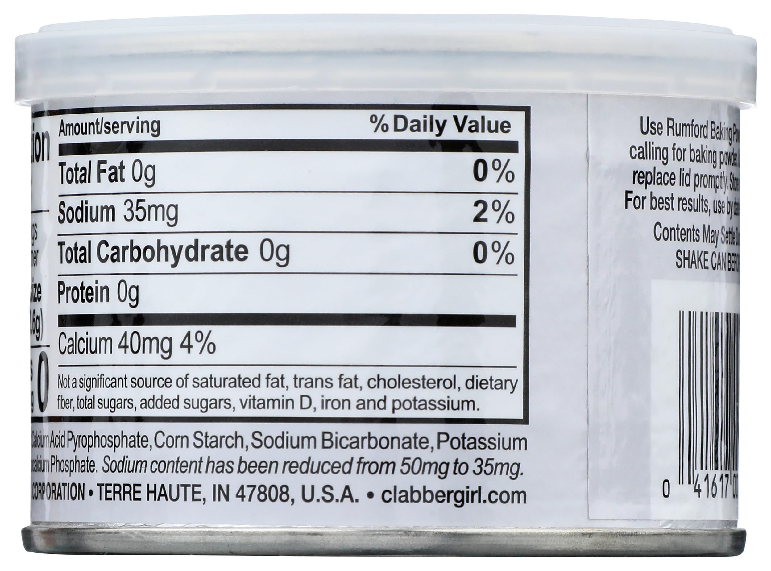 Rumford reduced-sodium baking powder leveling edge assists precise measurement
